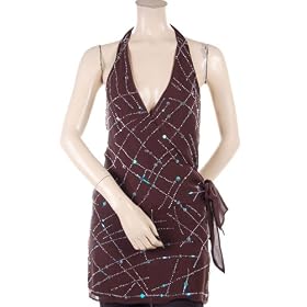 BCBG MAHOGANY SILK BEADED MINI HALTER DRESS NEW 12