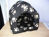 Black Padded Cat Dog Pet Hut House Bed Paw Print