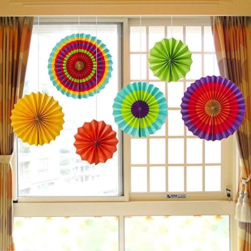 Fiesta Colorful Paper Fans JeeMax Mini Flower Fans Party Accessory Southwestern Pattern Design for Party, Event, Home Decoration,Set of 6