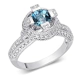 Exclusive 1.25 carats total weight Round Shape Checker Board London Blue Topaz & White CZ Size 8 Gemstone Ring in Sterling Silver