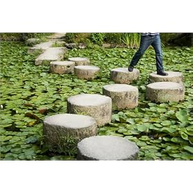 photographie Man crossing stepping stones across Soryu-ike pond in Naka Shin'en garden, within He...