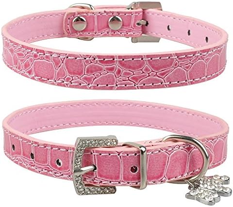 Croc Soft PU Leather Dog Pet Puppy Collars Rhinestone Heart or Dog Pendant Tags