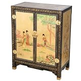 EXP Handmade Furniture - 29" Black & Gold Lacquer Storage Cabinet / End Table Chinese Maiden Motif