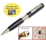 Mini DVR Video Pen - Gold-accented Executive Pen w/Micro SD Slot Expandeable to 8gb, Captures High Res Photos and Video w/Sound. Includes 4gb Card