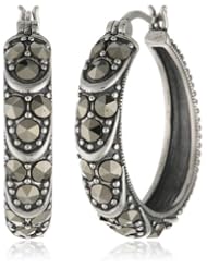 Sterling Silver and Oxidized Marcasite Textured Hoop Earrings