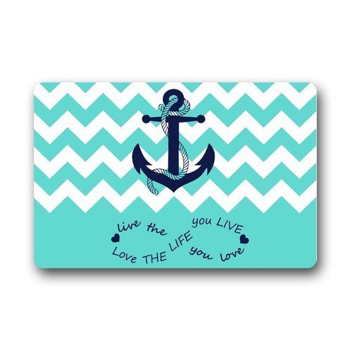 Dearhouse Infinity Live the Life You Love Blue and White Chevron Zig Zag Pattern with Anchor Entrance Mat Doormat Indoor Outdoor Floor Mat 23.6-inch By 15.7-inch