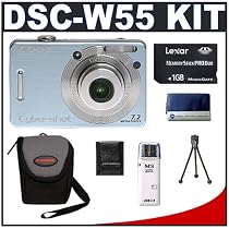 Sony CyberShot DSC-W55 7.2 Megapixel Digital Camera with 3x Optical Zoom (Blue) + Digital Camera Case + Lexar Media 1GB 40x Platinum II Series Memory Stick (MS) PRO Duo Card + High Speed USB 2.0 SecureDigital (MS) Card Reader