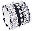 RETRO Icon Collection Black Leather Zipper and Crystal Chains Wide Cuff Bracelet Silver Accents