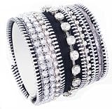 RETRO Icon Collection Black Leather Zipper and Crystal Chains Wide Cuff Bracelet Silver Accents