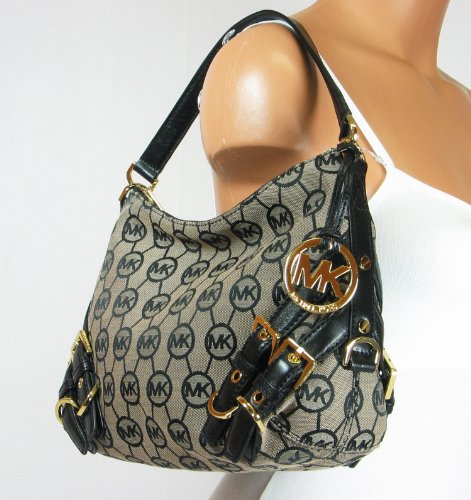 MICHAEL Michael Kors Grayson Medium Convertible Monogram Jacquard Shoulder Bag (Beige/Black/Black)
