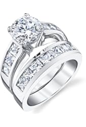 Sterling Silver Bridal Set Engagement Wedding Ring Bands with Round and Princess Cut Cubic Zirconia