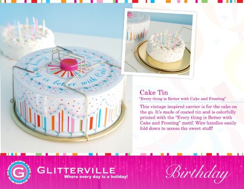Glitterville Vintage Style Tin Birthday Cake / Carrier, Round with Handles, Multicolored