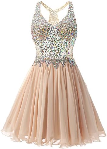 VogueDress Women's Short/Mini Halter A Line/Princess Homecoming Dresses Beaded Bodice Size 10 US Champagne
