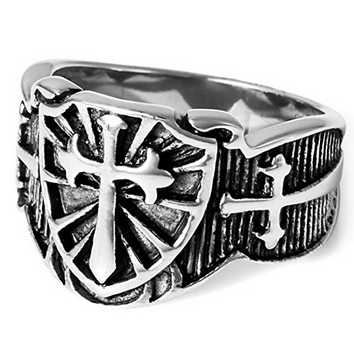 Men's Stainless Steel Ring Silver Tone Black Celtic Medieval Cross Sword Shield Size15