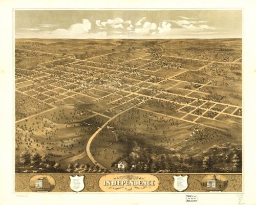Bird's eye view of the city of Independence, Jackson Co., Missouri 1868. Drawn by A. Ruger., large historic panoramic map reprint 45x36