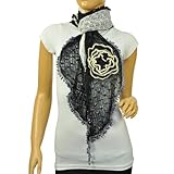 IMAGE OF Acrylic & Mohair Fashion Two-Tone Ruffle Knitted Large Flowers Small Ball Tassels Ends Long Scarf - Black and White