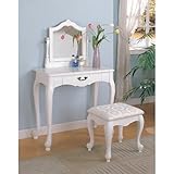 White Finish Wood 3 Pc Bedroom Make Up Vanity Table Set
