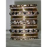 Traditional Jewelry-indian Designer Black Glass Stone Golden Bangles Set Bracelets