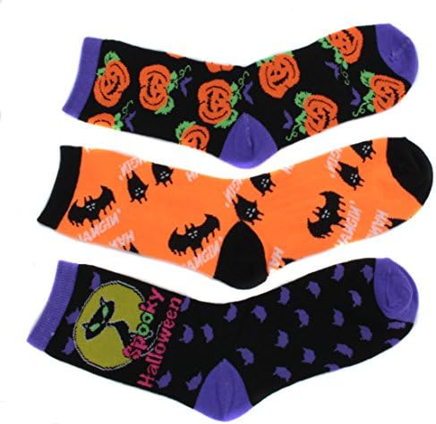 Women's Halloween Theme Crew Socks (3 Pair) (Black Cats Bats Pumpkins)