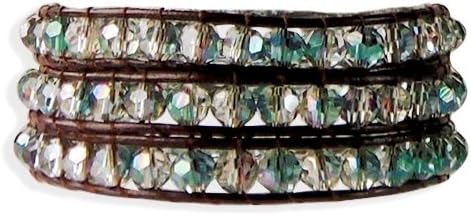 Crystal Shades of Blue & Green on Brown Leather Wrap