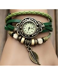 6 Color Quartz Fashion Weave Wrap Around Leather Bracelet Lady Woman Wrist Watch (Green)
