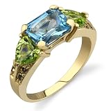 Dazzlingly Amorous 4.66 cts Radiant Swiss Topaz & Heart Peridot Diamond Ring 14Kt Yellow Gold
