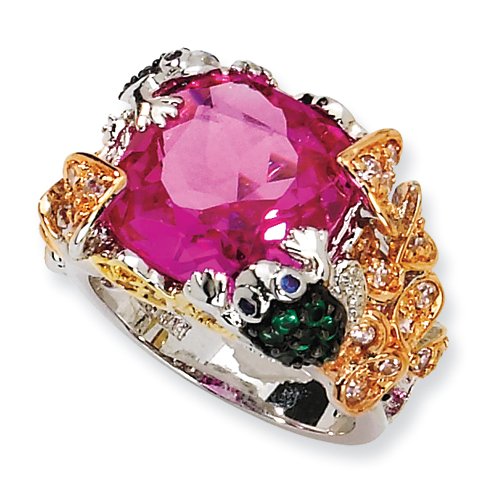 Sterling Silver CZ & Sythetic Pink Sapphire Frog Ring
