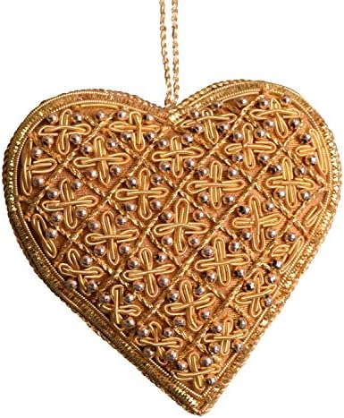 3.5 in Fabric Gold Thread Embroidered Heart Shaped Ornament on Gold Colored String (1 Piece) (Gold)