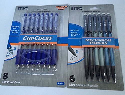 Basic Office Supply and Back to School Kit Include 6 0.7 mm Mechanical Pencils Refillable and 8 Of 1.00mm Blue Ink Ball Point Pens Smooth Writing.