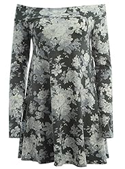 Plus Size Flared-Skirt Long Sleeves Off the Shoulder Summer Elastane/Viscose Floral Print Tropical Print  Dress
