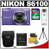 Nikon Coolpix S6100 16.0 MP Digital Camera (Violet) with 4GB Card + Case +  ....