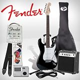 Fender Starcaster Electric Stratocaster Guitar - Gloss Black - Perfect for Beginners! - Includes: Guitar Stand, Strap, and guitar Bag. Additional accessories included: 10 Watt Guitar Amp, 10 foot Cable, Chromatic Tuner, Light Strings, and 12 Pack Pick Sampler (DPS-FN-SAMPLER)