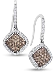 10K White Gold Round Brilliant Cut Chocolate Brown and White Diamond - Diamond Shape Halo Channel Set Dangle Earrings - (.64 cttw.)