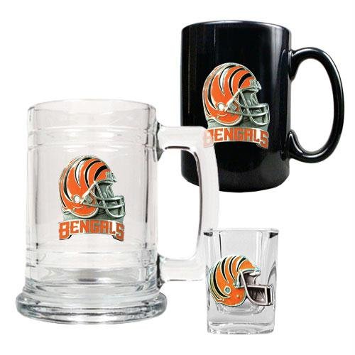 NFL Cincinnati Bengals 15-Ounce Tankard, 15-Ounce Ceramic Mug & 2-Ounce Shot Glass Set - Helmet Logo