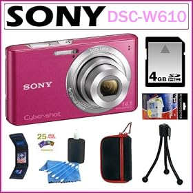 Sony Cyber-shot DSC-W610 14.1 MP Digital Camera with 4x Optical Zoom and 2.7-Inch LCD in Pink + 4GB SDHC + Sony Case + Accessory Kit