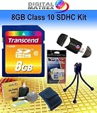 Transcend 8GB SDHC Class 10 Starter Kit. Kit Includes Transcends ULTRA High-Speed Class 10 SDHC card with LIFETIME WARRANTY, Tabletop bendable Wire Tripod, SD/SDHC USB Card Reader/Writer, LCD Protection Film Kit, Lens cleaning Kit and Memory Card wallet.