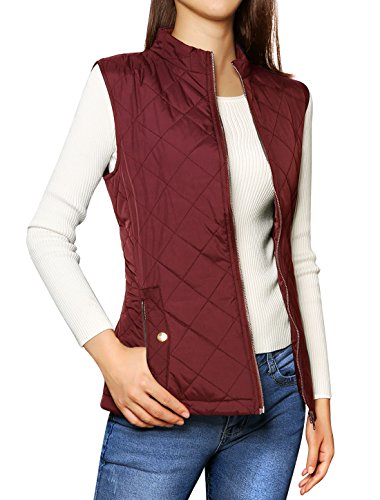 Allegra K Ladies Zip Closed Stand Collar Slant Pockets Slim Fit Down Vest Red XL
