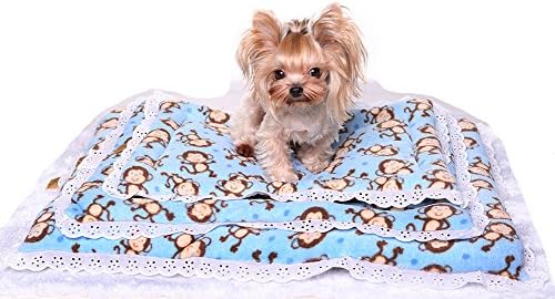 GSHappyPet Pet Dog Cat Fleece Blanket Doggy Lace Monkey Printed Warm Pet Cushion Sleep Mat with Bowknit Blue L 75*55