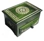 Wooden Box, 5405, Traditional Polish Handcraft, Hinged with Drawer, Green Stain with Carved Circle and Border Design, 5.5"x4.25"x3.25".