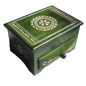 Wooden Box, 5405, Traditional Polish Handcraft, Hinged with Drawer, Green Stain with Carved Circle and Border Design, 5.5"x4.25"x3.25".