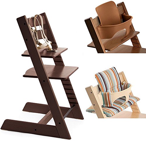 Stokke Walnut Brown Tripp Trapp Chair w Signature Stripe Cushion & Baby