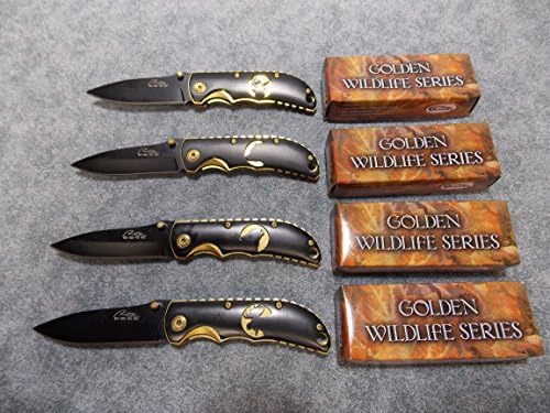 Lot of 4 Rite Edge Pocket Knives Golden Wildlife Series Elk, Bear, Wolf and Deer