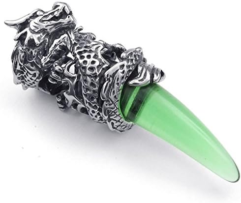 Mygoodie Jewelry Mens Gothic Dragon Tooth Rhinestone Stainless Steel Pendant Necklace, Green, 18-26 inch Chain