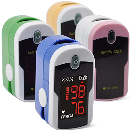 Pulse Oximeter Fingertip Blood Oxygen Saturation Monitor includes case, batteries, silicon cover, and lanyard - Green, Pink, Blue and Yellow