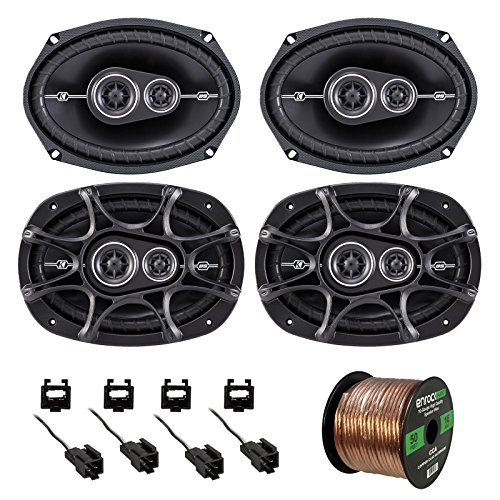 Car Speaker Bundle Combo: 2 Pairs of Kicker 41DSC6934 6x9" 360 Watt 3-Way Black Car Stereo Coaxial Speaker + Metra Speaker Wiring Harness for Select GM Vehicles + Enrock 50 Foot 16 Guage Speaker Wire