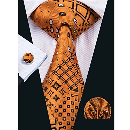 Hi-Tie Mens Orange Silk Tie Hanky Cufflinks set (Novelty)