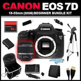 Canon EOS 7D 18 MP CMOS Digital SLR Camera with 3-Inch LCD and Canon EF-S 18-55mm f/3.5-5.6 IS SLR Lens (32GB Beginner Bundle Kit) includes Battery, Charger, Case, Memory Card, Memory Card Wallet, HDMI Cable, Full Size Tripod, USB Card Reader, Cleaning Kit - 3814B004