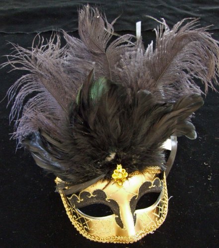 Black & Gold Showgirl Venetian Mask Mardi Masquerade Halloween Costume with Ostrich Feathers