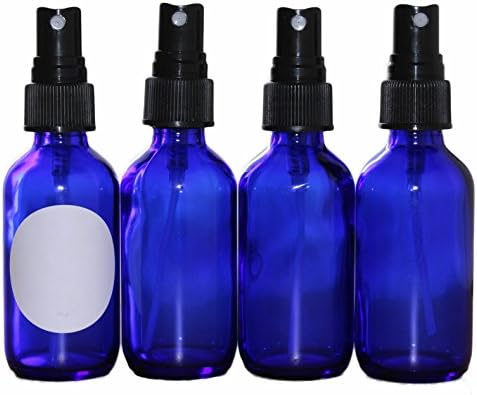 2 oz Glass Spray Bottle with Fine Mist Spray Top*Essential Oils and Aromatherapy Uses in Kitchen or Bath, Cobalt Blue, Set of 4, includes 1 7.5x1.75x5.25 clear PVC Carrying Case and Round White Labels