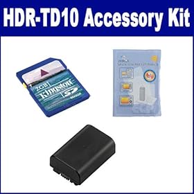 Sony HDR-TD10 Camcorder Accessory Kit includes: KSD2GB Memory Card, ZELCKSG Care & Cleaning, SDNPFV50NEW Battery